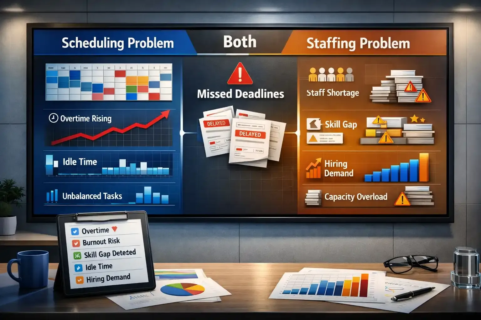 Dashboard showing scheduling vs staffing problems with charts and alerts